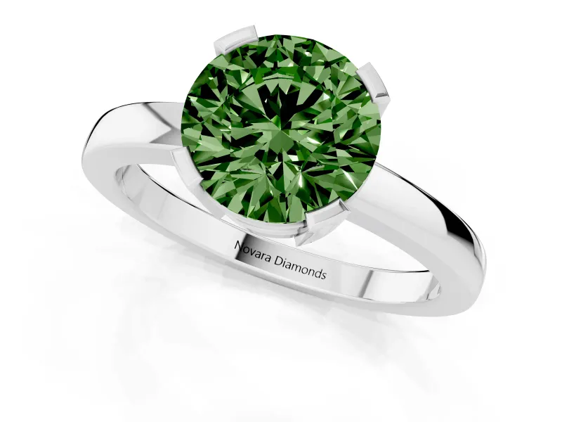Fancy Green Round Cut Diamond Solitaire Ring Set in Platinum with Prong Head and Smooth Polished Band