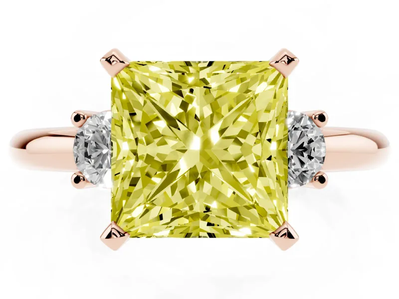Princess Cut Three Stone Engagement Ring Setting for a Fancy Yellow Lab-Grown Diamond | Round Side Stones | Rose Gold