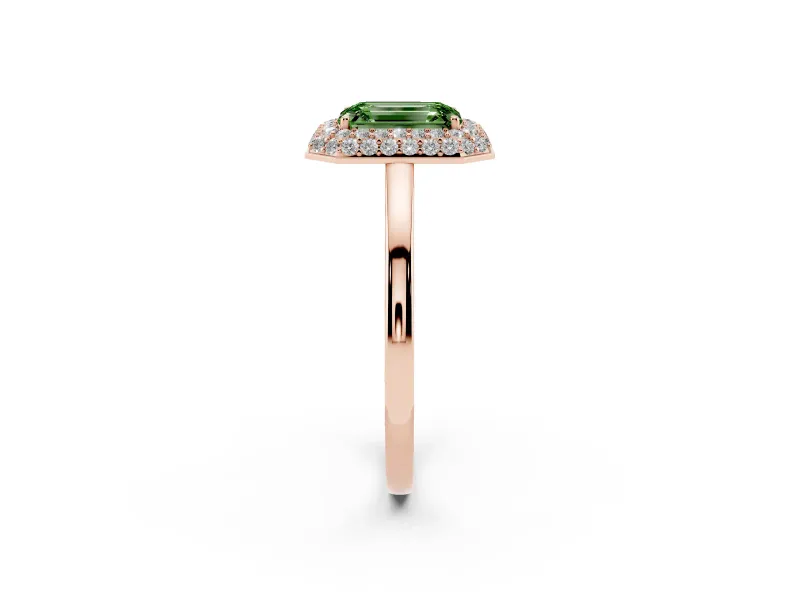 Emerald Cut Pave Halo Engagement Ring Setting for a Fancy Green Lab-Grown Diamond | Slim Plain Band | Rose Gold