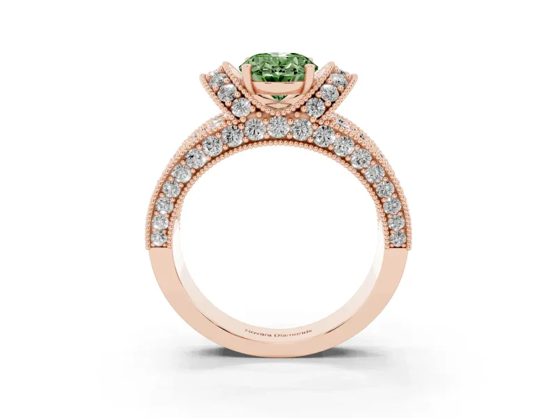 Oval Vintage Milgrain Pave Engagement Ring Setting for a Fancy Green Lab-Grown Diamond | Crescent Side Rows | Rose Gold