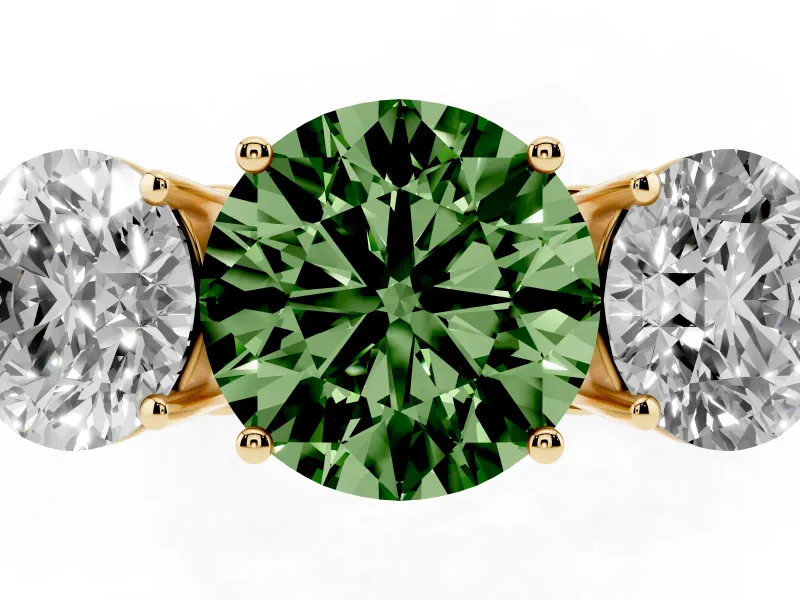 Round Engagement Ring Setting for a Fancy Green Lab-Grown Diamond | Three Stone | Yellow Gold