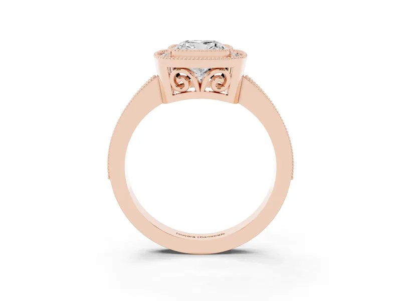 Cushion Cut Diamond Halo Ring Set in Rose gold with Pavé Band and Milgrain-Edged Prongs