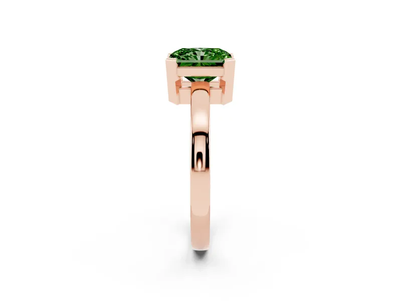 Fancy Green Radiant Cut Diamond Solitaire Ring Set in Rose gold with Prong Head and Smooth Polished Band