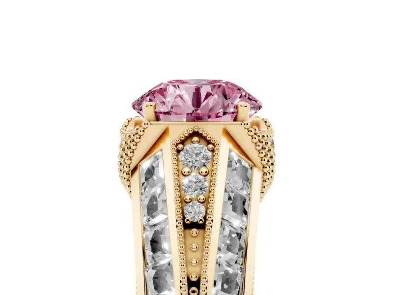 Fancy Pink Round Cut Diamond Vintage-Inspired Milgrain Ring Set in Yellow gold with Accent Split Shank