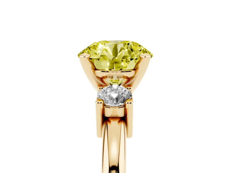 Fancy Yellow Three-Stone Round Cut Diamond Ring Set in Yellow gold with Prong Setting and Plain Band