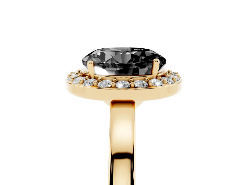 Fancy Black Round Cut Diamond Halo Ring Set in Yellow gold with Solitaire Band and Prong Setting