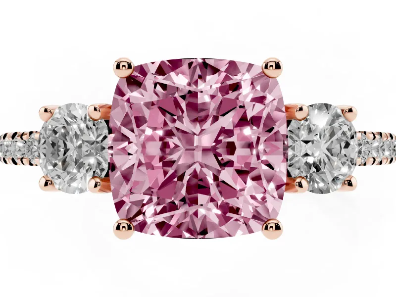 Cushion Cut Three Stone Engagement Ring Setting for a Fancy Pink Lab-Grown Diamond | Pave Shoulders | Rose Gold