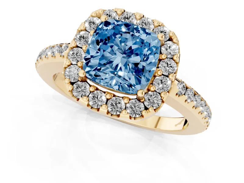 Cushion Cut Pave Halo Engagement Ring Setting for a Fancy Blue Lab-Grown Diamond | Pave Band | Yellow Gold