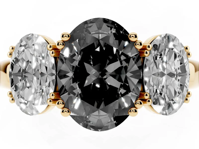 Fancy Black Oval Cut Diamond Three-Stone Ring Set in Yellow gold with Polished Band and Prong Setting