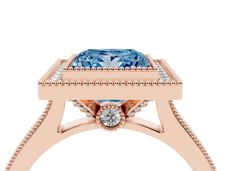 Princess Cut Vintage Milgrain Halo Engagement Ring Setting for a Fancy Blue Lab-Grown Diamond | Bezel Head | Rose Gold