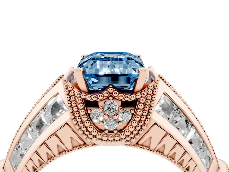 Fancy Blue Emerald Cut Diamond Vintage-Inspired Milgrain Ring Set in Rose gold with Accent Split Shank