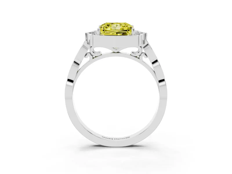 Princess Cut Scalloped Halo Engagement Ring Setting for a Fancy Yellow Lab-Grown Diamond | Pave Band | White Gold