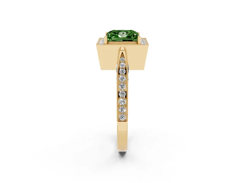 Princess Cut Milgrain Halo Engagement Ring Setting for a Fancy Green Lab-Grown Diamond | Side Stones | Yellow Gold
