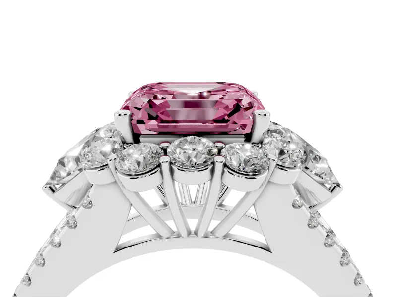 Fancy Pink Asscher Cut Diamond Halo Split Shank Engagement Ring Set in Platinum with Prong-Held Center Stone