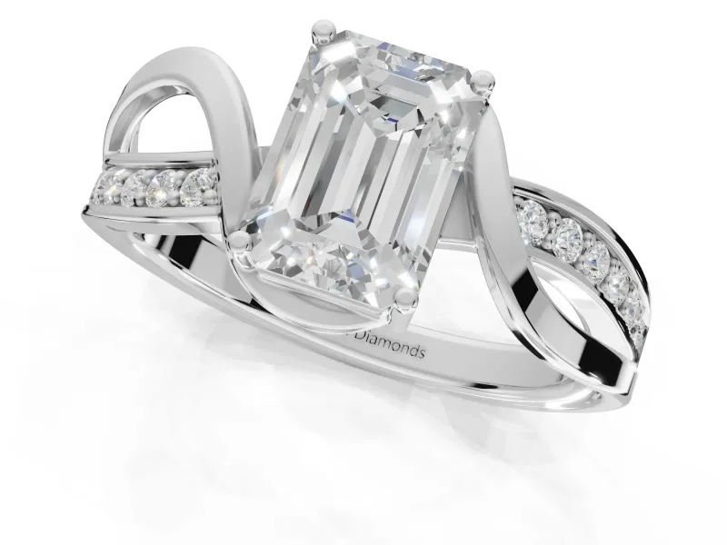 Emerald Cut Bypass Solitaire Engagement Ring Setting | Pavé and Plain Strands | Sterling Silver