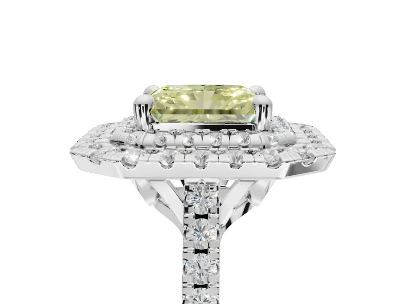 Radiant Cut Double Halo Engagement Ring Setting for a Fancy Yellow Lab-Grown Diamond | Pave Shoulders | Platinum
