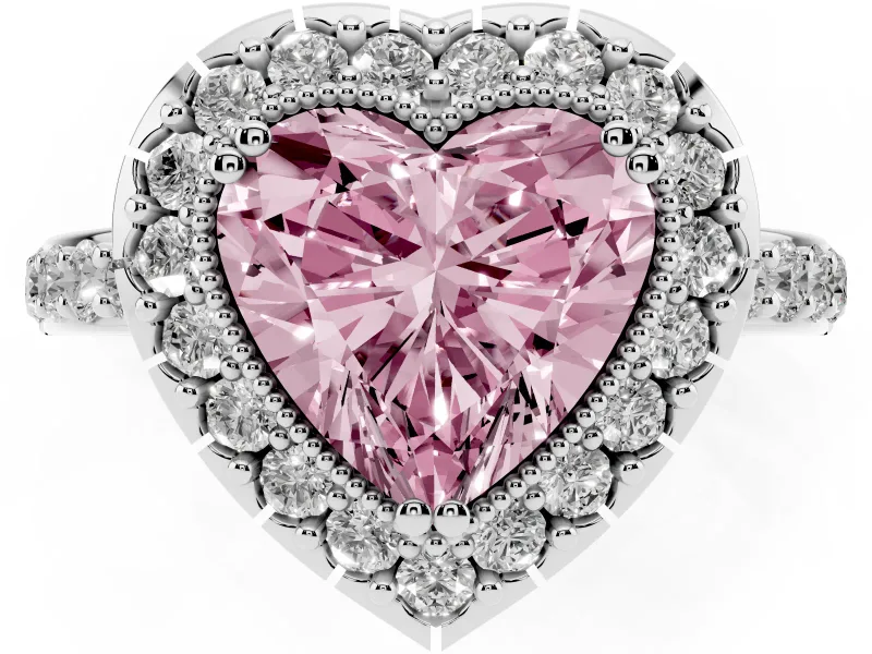 Heart-Shaped Milgrain Halo Engagement Ring Setting for a Fancy Pink Lab-Grown Diamond | Pavé Shoulders | Platinum