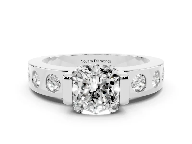 Cushion Cut Diamond Channel-Set Band Ring Set in White gold with Bezel Prong Setting