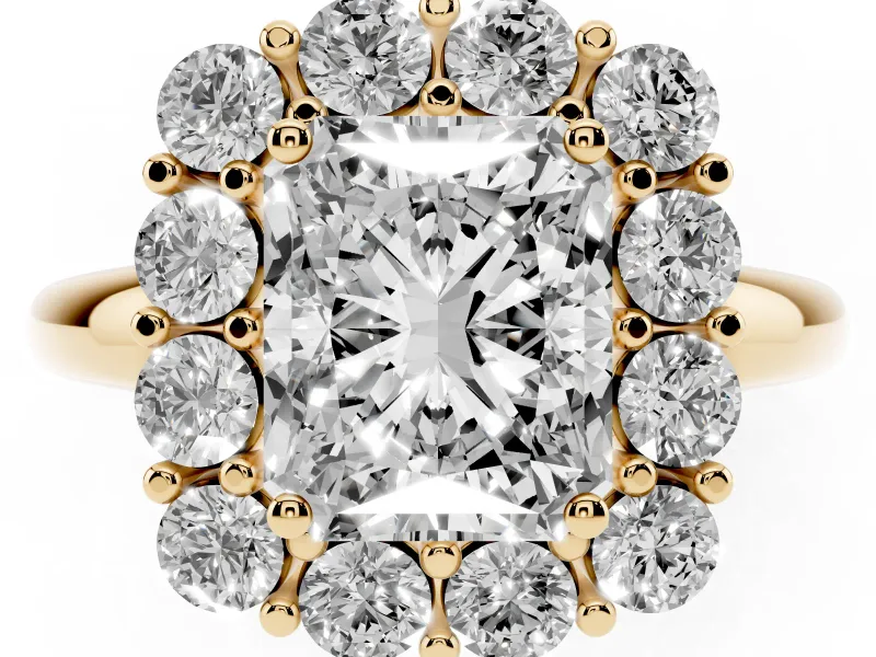 Radiant Cut Cluster Halo Engagement Ring Setting | Large Round Accents | Yellow Gold