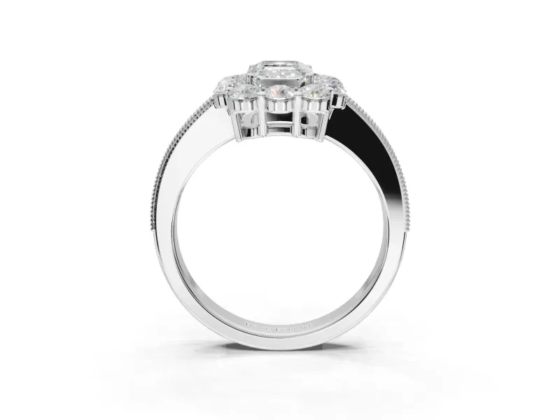 Emerald Cut Vintage Halo Engagement Ring Setting | Milgrain Channel Band | White Gold