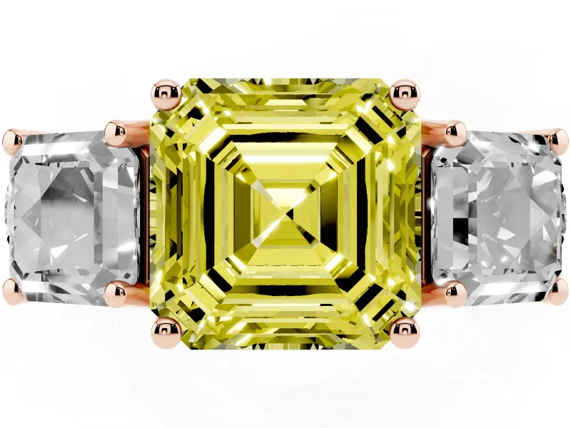 Asscher Cut Three Stone Engagement Ring Setting for a Fancy Yellow Lab-Grown Diamond | Accented Shoulders | Rose Gold