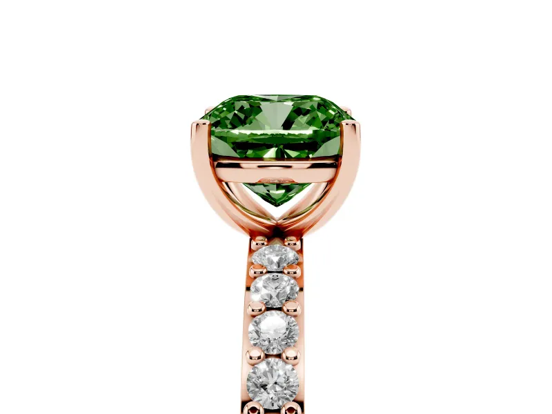 Fancy Green Cushion Cut Diamond Solitaire Set in Rose gold with Round Pavé Band and Prong Setting