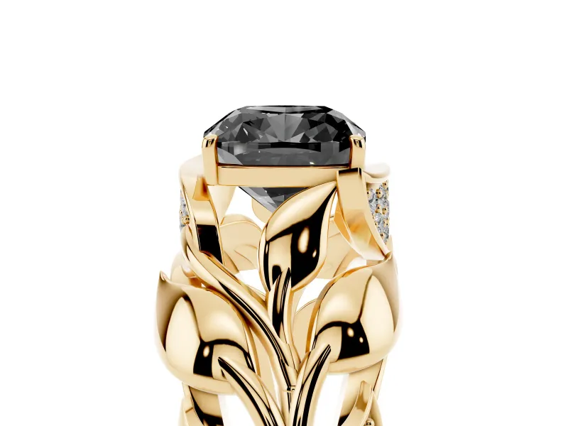 Cushion Cut Leaf Bypass Engagement Ring Setting for a Black Center | Pavé Leaf Accents | Yellow Gold