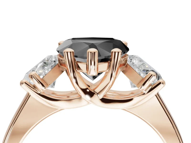 Heart-Shaped Three Stone Engagement Ring Setting for a Black Center | Tapered Band | Rose Gold