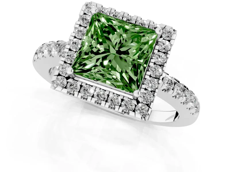 Fancy Green Princess Cut Diamond Pavé Band Halo Engagement Ring Set in Silver with Prong Setting