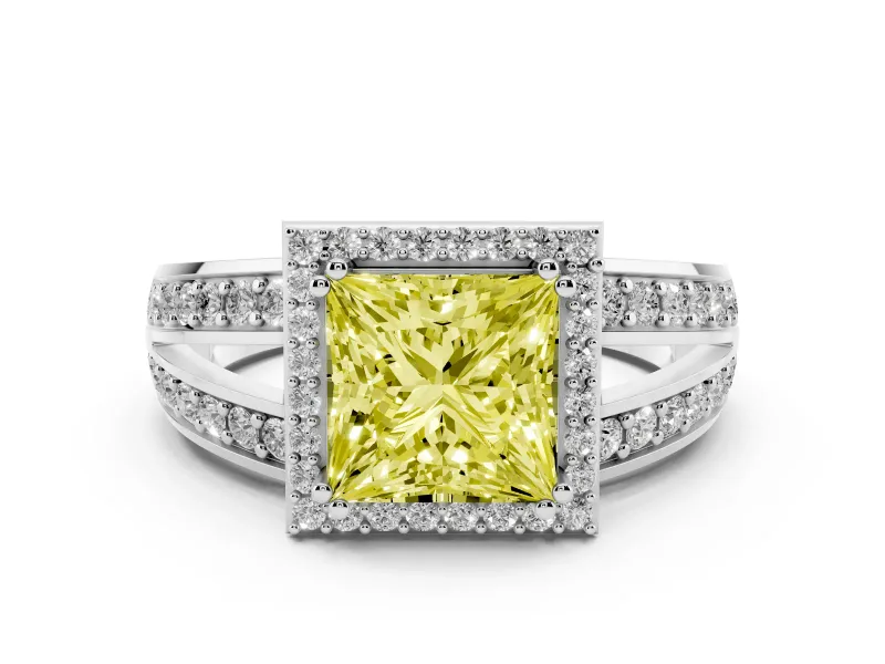 Fancy Yellow Princess Cut Diamond Halo Ring Set in White gold with Double Pavé Split Shank