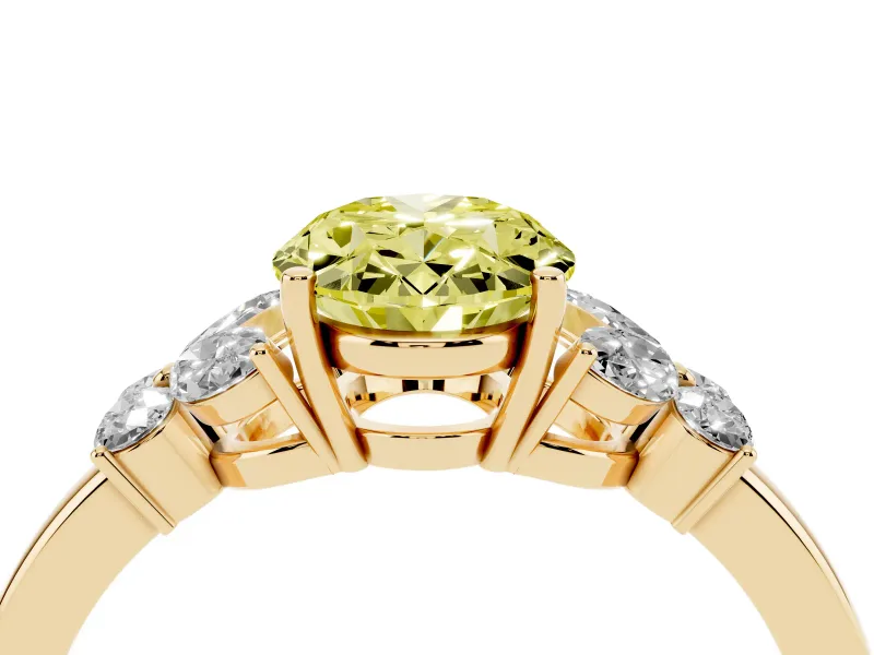 Fancy Yellow Oval Cut Diamond Solitaire Floral Ring Set in Yellow gold with Marquise Petals and Prong Setting