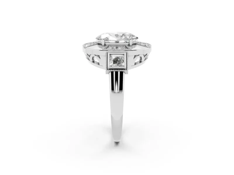 Oval Cut Diamond Milgrain Halo Ring Set in Silver with Split Shank