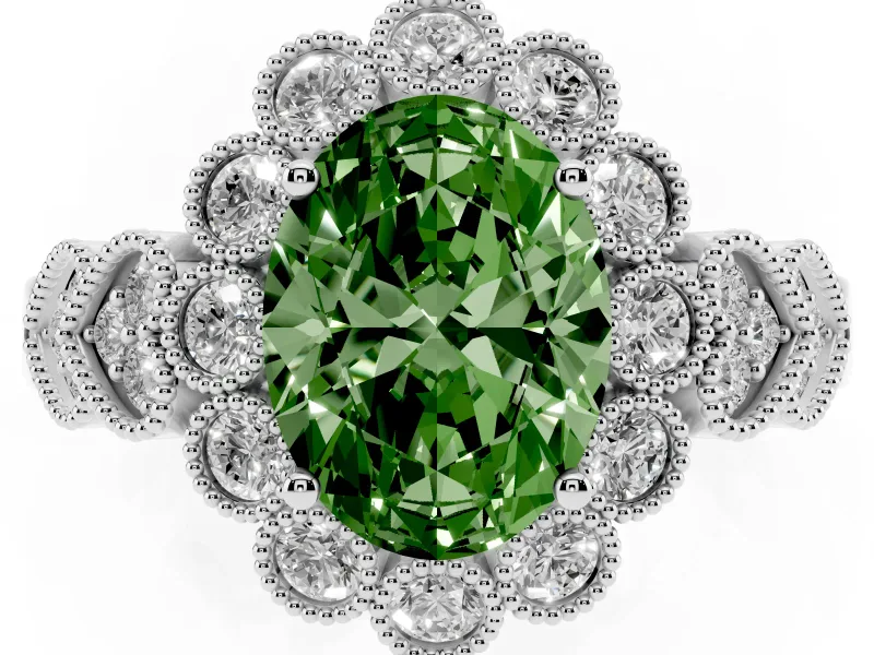Oval Scalloped Halo Engagement Ring Setting for a Fancy Green Lab-Grown Diamond | Heart Pavé Band | Platinum