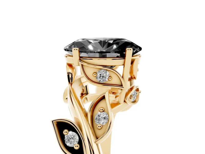 Fancy Black Oval Cut Diamond Solitaire Twist Engagement Ring Set in Yellow gold with Pavé Leaf Accents