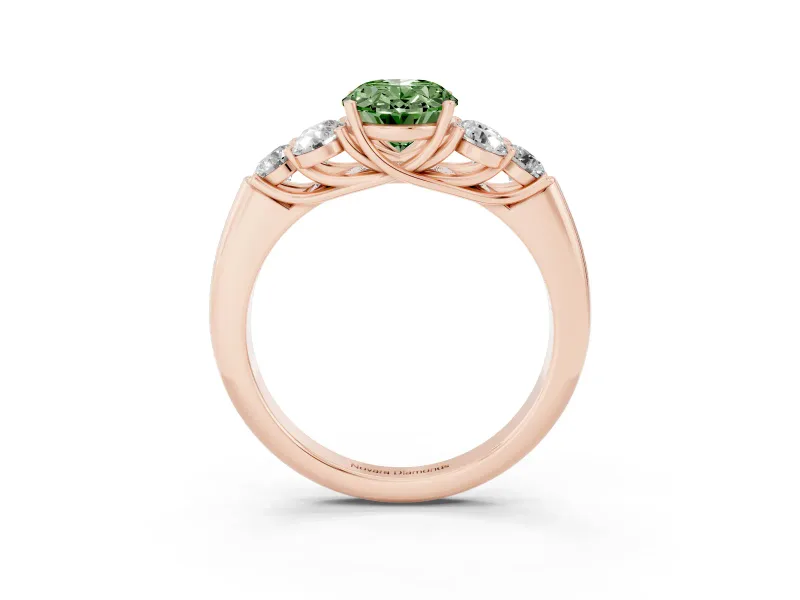 Fancy Green Oval Cut Diamond Cluster Ring Set in Rose gold with Round Accent Stones and Prong Setting on a Plain Band