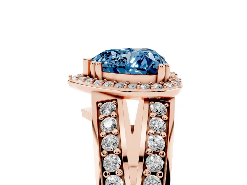 Heart-Shaped Halo Engagement Ring Setting for a Fancy Blue Lab-Grown Diamond | Two-Row Pave Split Shank | Rose Gold