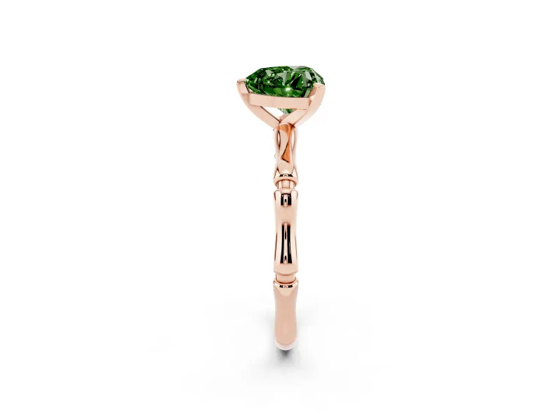 Fancy Green Heart Cut Diamond Solitaire Ring Set in Rose gold with Bamboo Band and Prong Setting