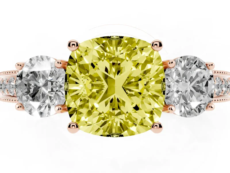Fancy Yellow Cushion Cut Diamond Three-Stone Ring Set in Rose gold with Round Side Stones and Pavé Band