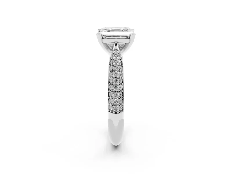 Asscher Cut Diamond Solitaire Engagement Ring Set in Silver with Multi-Row Round Pavé Band and Prong Setting