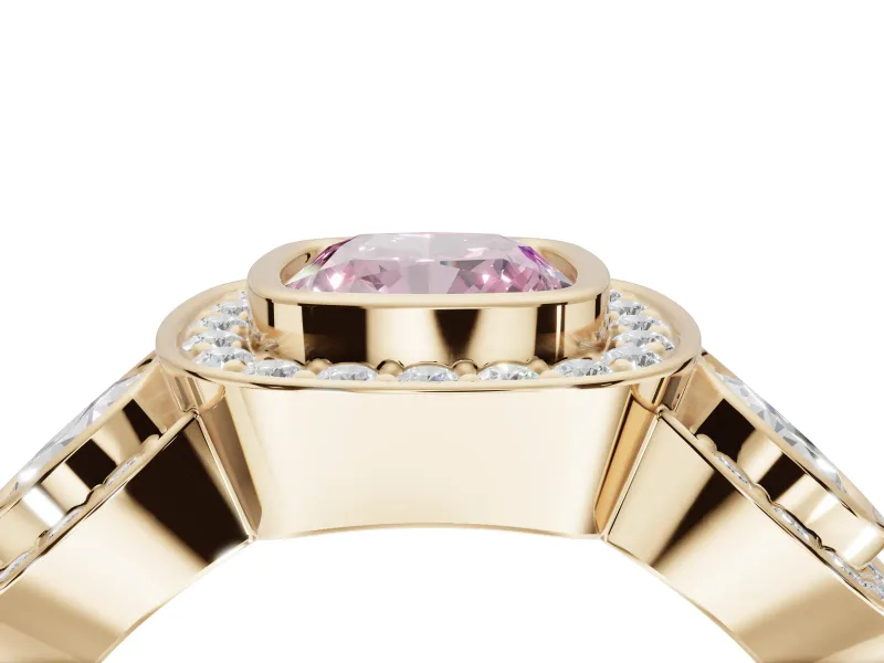 Cushion Cut Three Stone Halo Engagement Ring Setting for a Fancy Pink Lab-Grown Diamond | Bezel Set | Yellow Gold