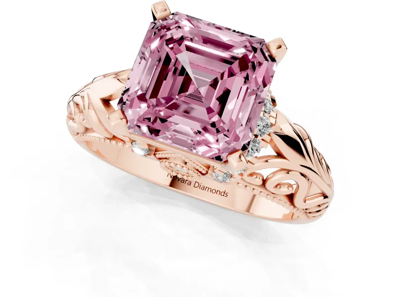 Fancy Pink Asscher Cut Diamond Filigree Halo Engagement Ring Set in Rose gold with Prong Setting