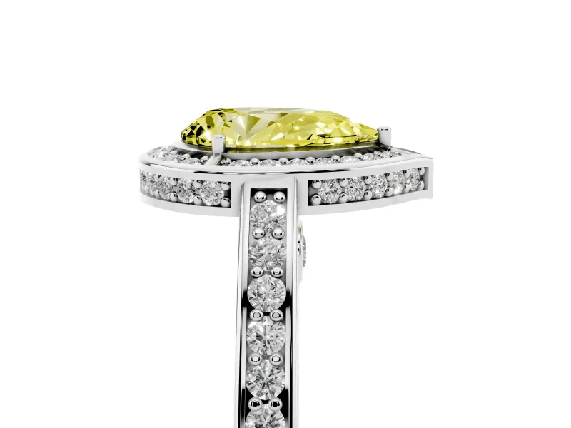 Fancy Yellow Pear Cut Diamond Halo Pavé Split Shank Ring Set in Silver with Prong Setting