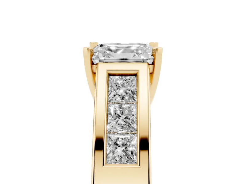 Asscher Cut Channel-Set Engagement Ring Setting | Princess Side Stones | Yellow Gold