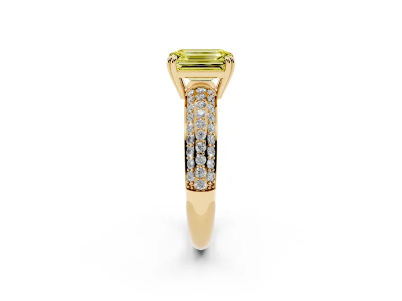 Emerald Cut Three Row Pave Engagement Ring Setting for a Fancy Yellow Lab-Grown Diamond | Double Claws | Yellow Gold