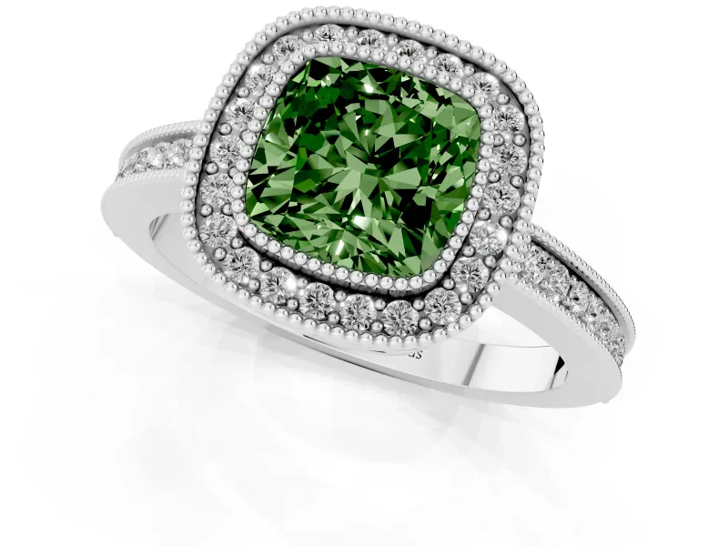 Fancy Green Cushion Cut Diamond Halo Ring Set in Silver with Pavé Band and Milgrain-Edged Prongs