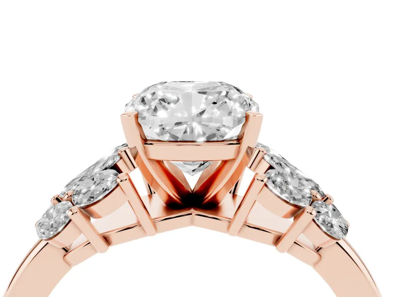 Cushion Cut Diamond Cluster Leaf Design Ring Set in Rose gold with Prong Setting