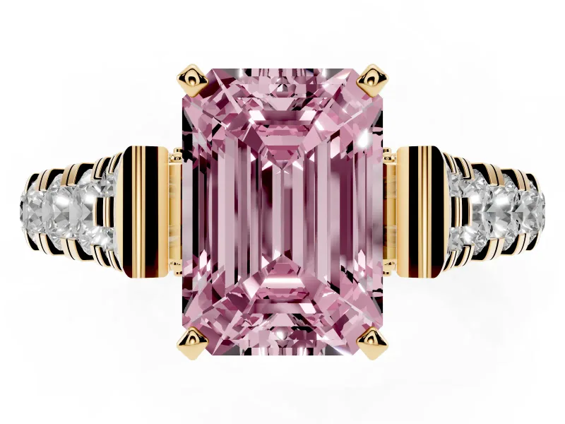 Emerald Cut Graduated Cathedral Engagement Ring Setting for a Fancy Pink Lab-Grown Diamond | Side Stones | Yellow Gold
