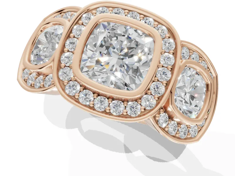 Cushion Cut Three Stone Halo Engagement Ring Setting | Bezel Set | Rose Gold