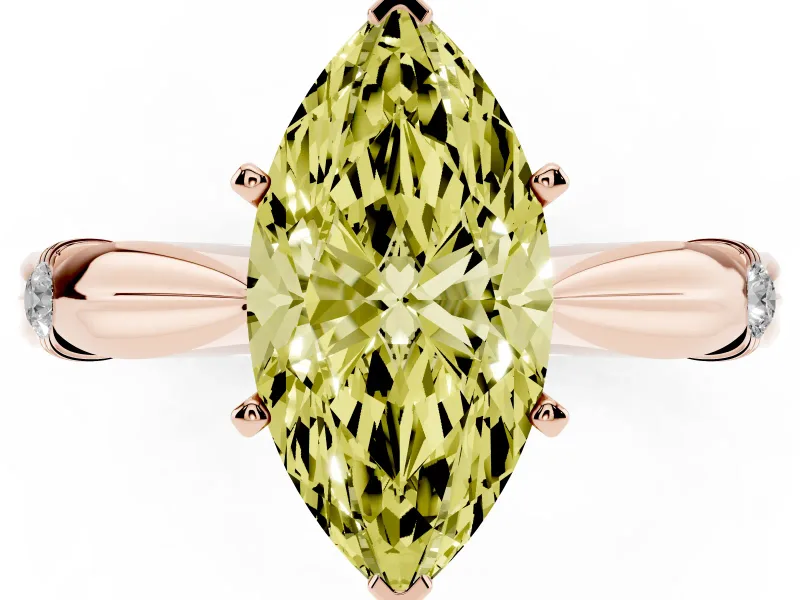Fancy Yellow Marquise Cut Diamond Solitaire Twisted Band Ring Set in Rose gold with Accent Stones and Prong Setting