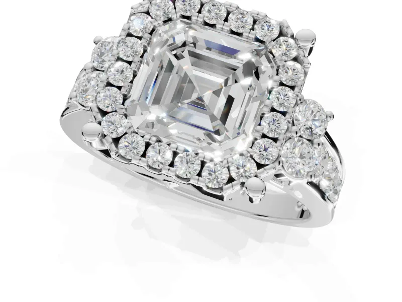 Asscher Cut Halo Side Cluster Engagement Ring Setting | Graduated Channel Band | Sterling Silver